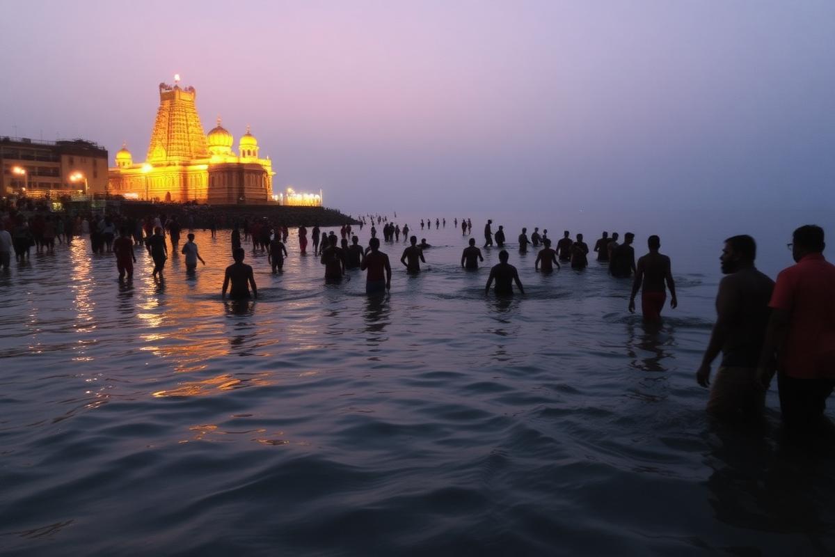 Pilgrims bathing in the shallow sea at Agni Theertham beside the temple in Rameswaram
