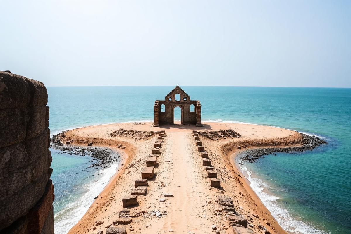 Ruined church walls on the sandy strip at Dhanushkodi with sea on both sides