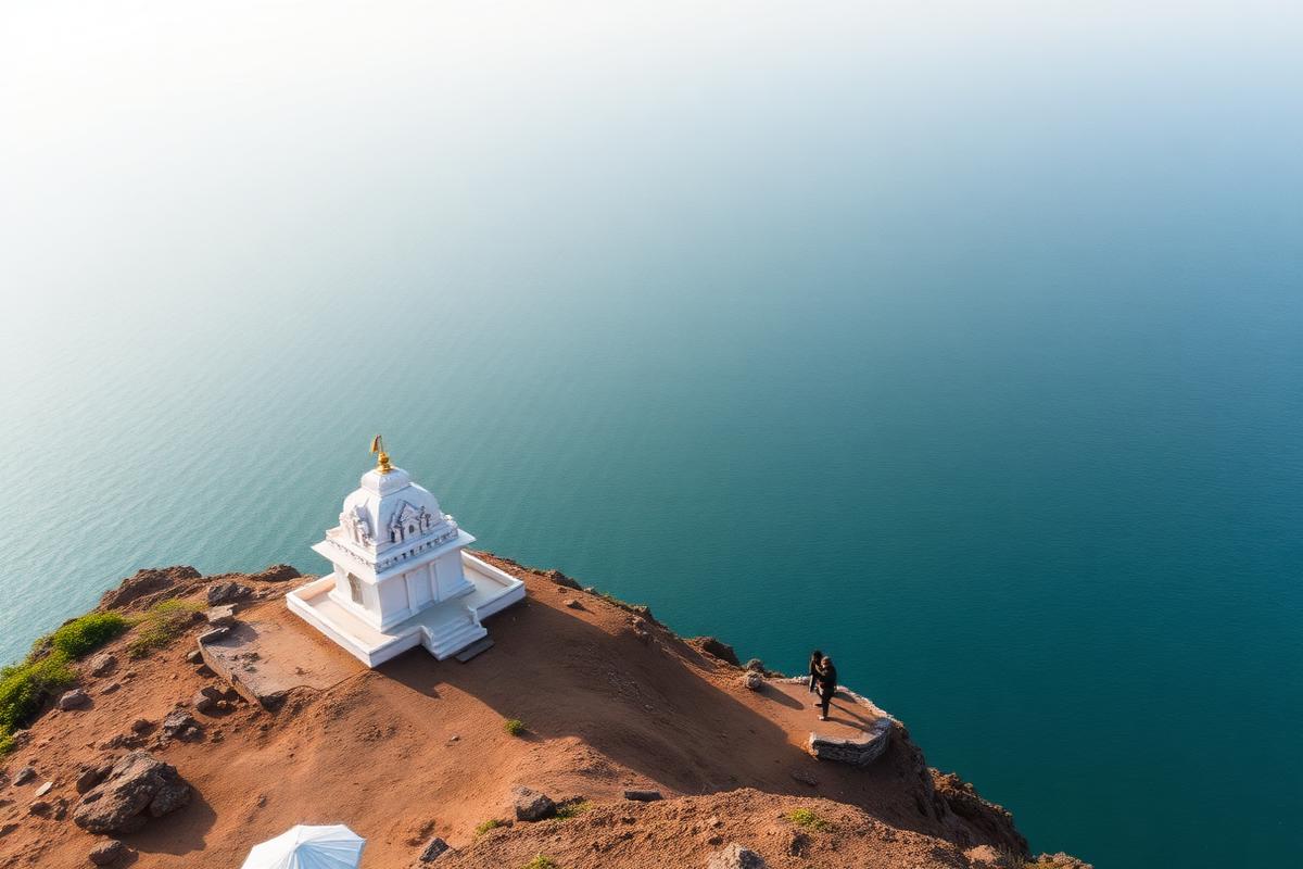 Small white hilltop shrine at Gandhamadhana Parvatham overlooking the sea in Rameswaram