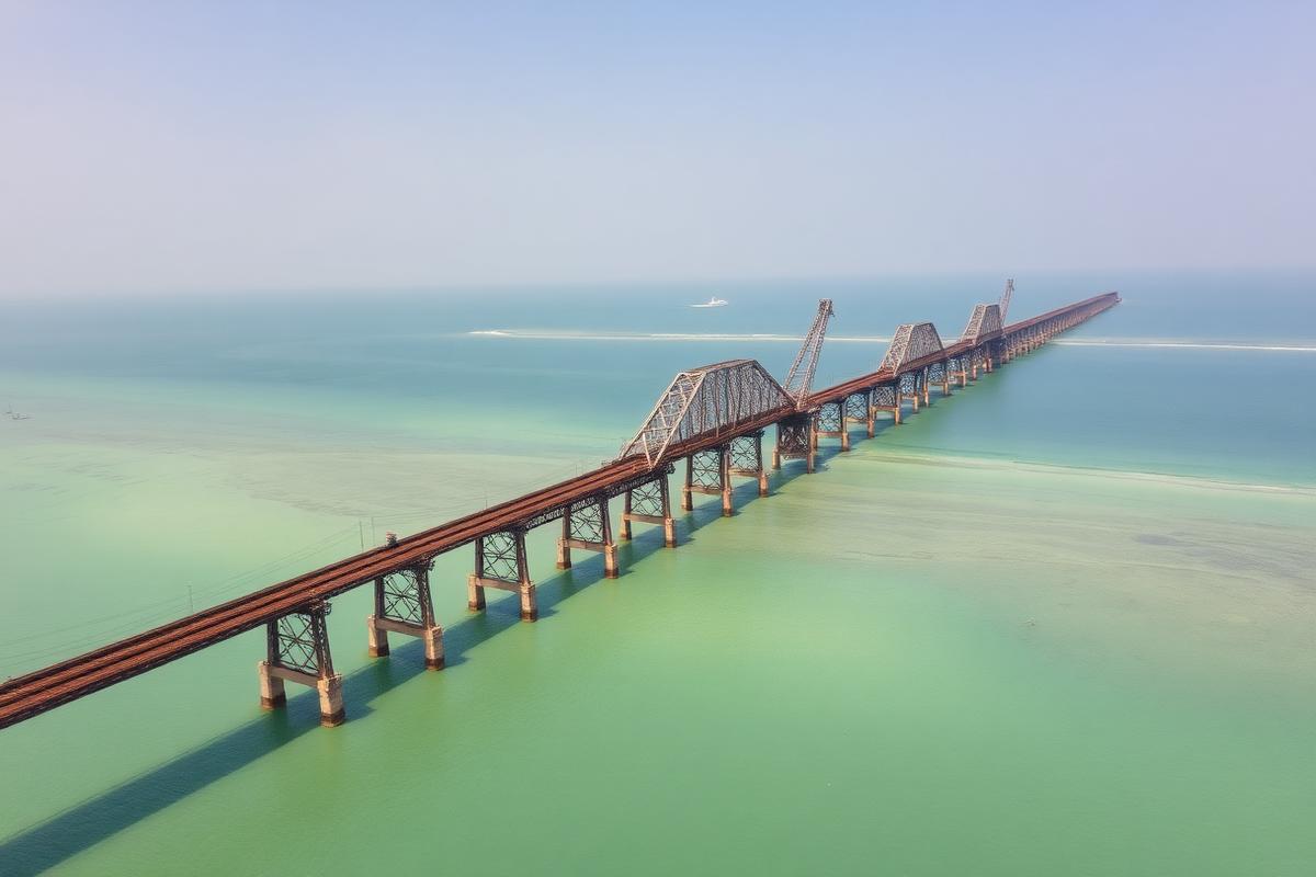 Pamban rail bridge crossing turquoise sea water to Rameswaram island