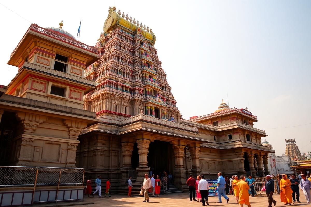 Carved gopuram tower of the Ramanathaswamy Temple in Rameswaram with pilgrims outside